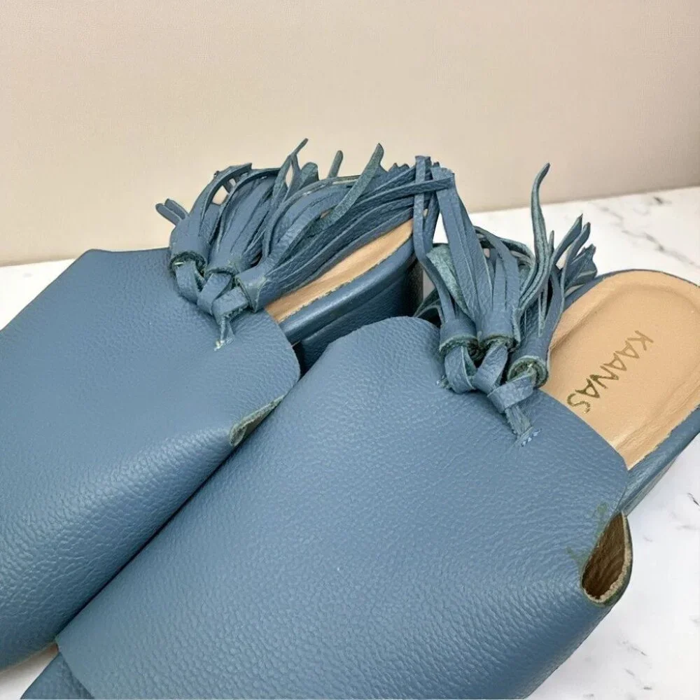 Kaanas Blue Pompom Leather Loafer Mule Sandal